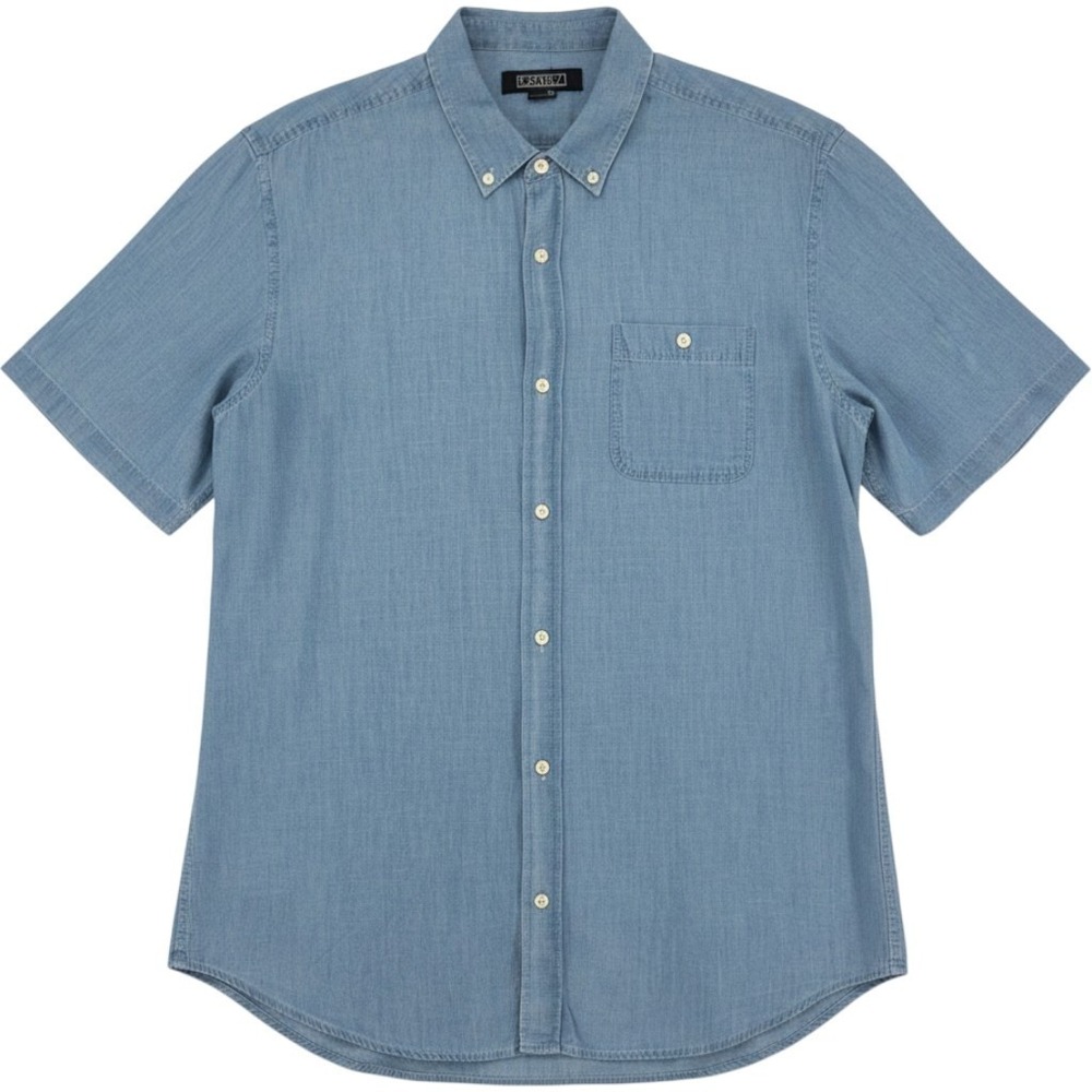 Ezekiel Washed Blue Chambray Short Sleeve Button Down Top XL Coastal Preppy EUC